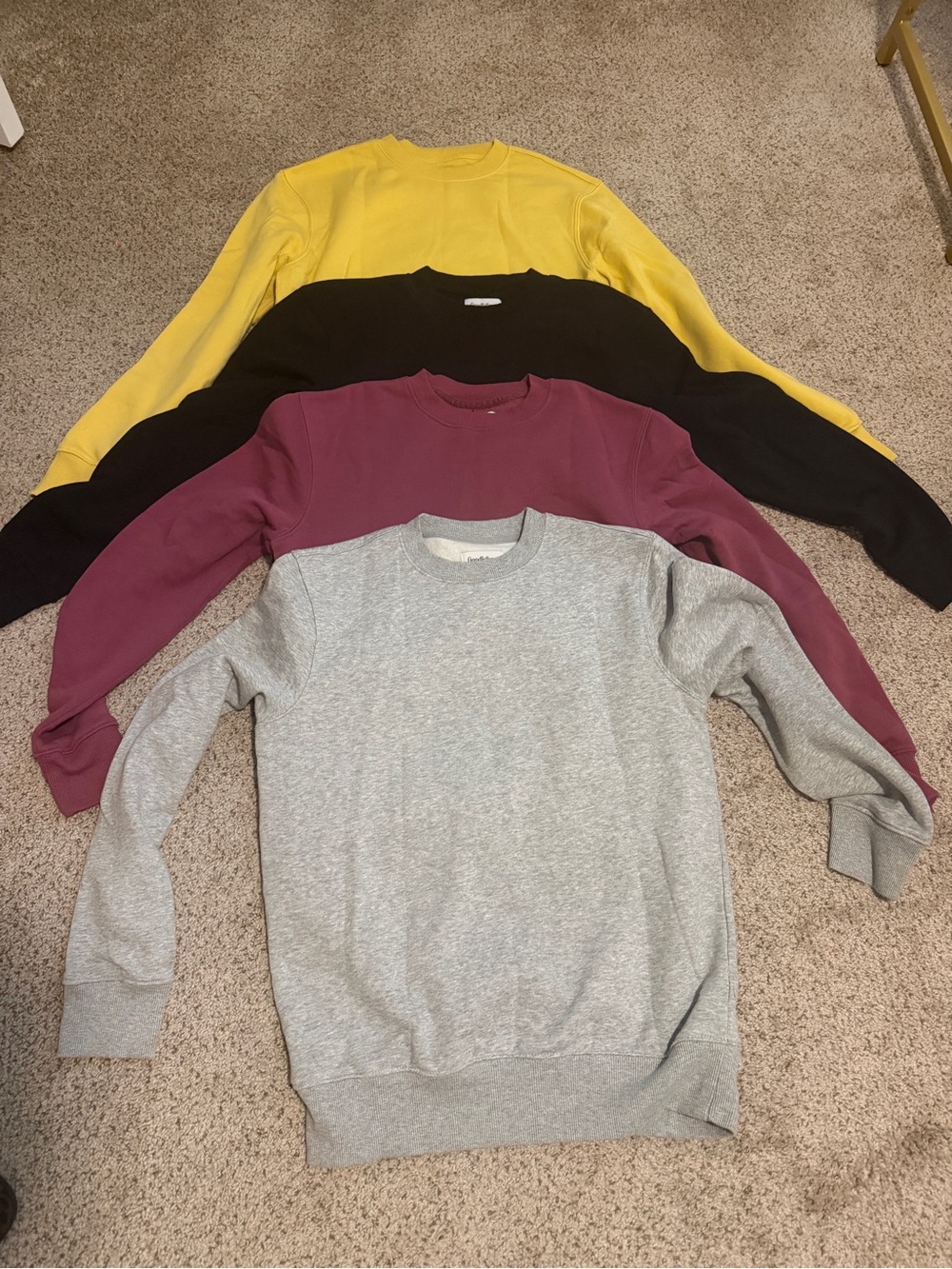 Goodfellow & Co Crewneck Sweatshirts in Yellow, Black, Mauve, and Gray